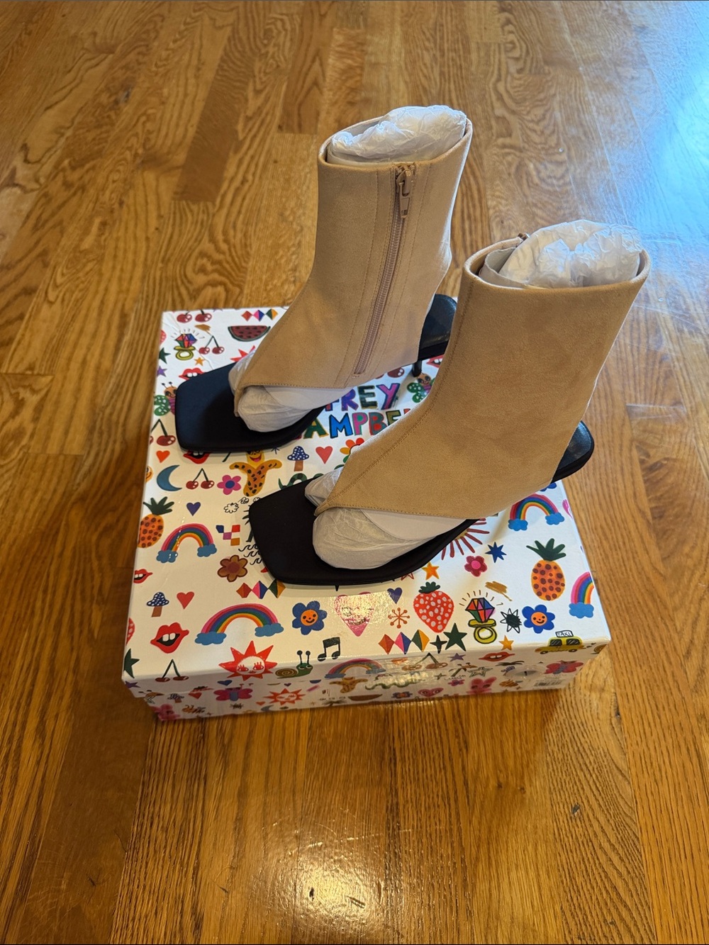 Jeffrey Campbell Beige and Black Open-Toe Ankle Kitten Heels